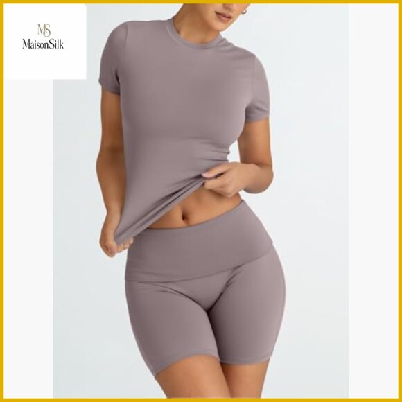 2-Piece Workout Set Slim Fit Crop Top Shorts Active Wear Gym Yoga - Picture 2 of 6